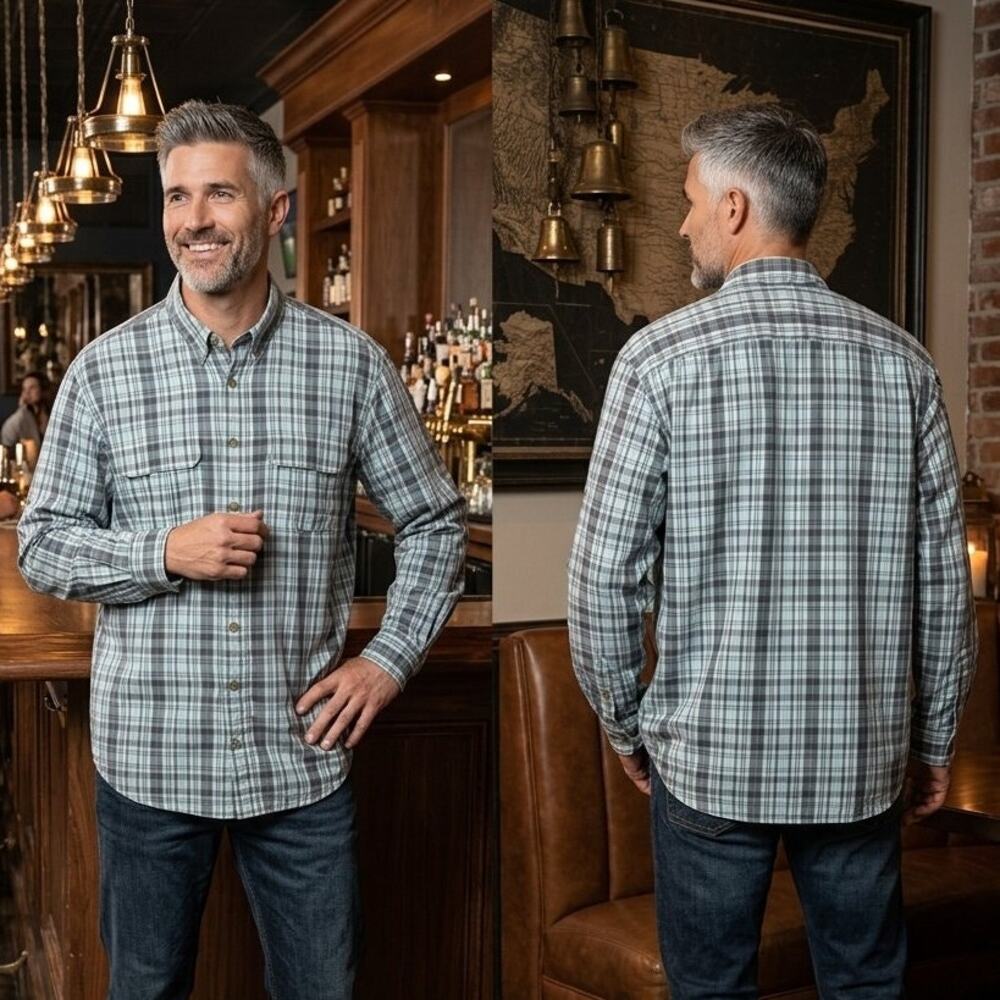 Duluth Trading Co Plaid Long Sleeve Polyester Shirt Mens XL Tall 46 48